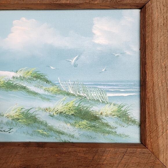Vintage Painting Signed Framed Art Beach Scene Clouds Birds - Picture 4 of 13
